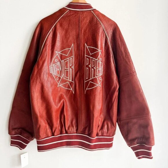 Zara Brown Buffalo Leather Embroidered Varsity Jacket L - Picture 2 of 7